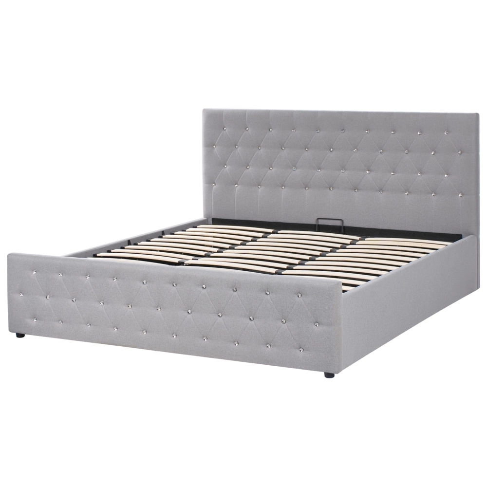 Letto matrimoniale imbottito in poliestere beige con testata imbottita con pouf 180 x 200 cm testiera doppia trapuntata