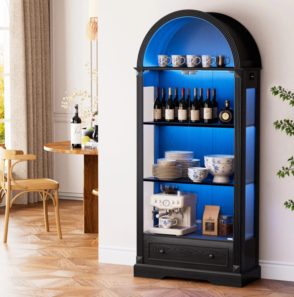 Vetrina nera ad arco con ante in vetro, LED con sensore e cassetti in MDF