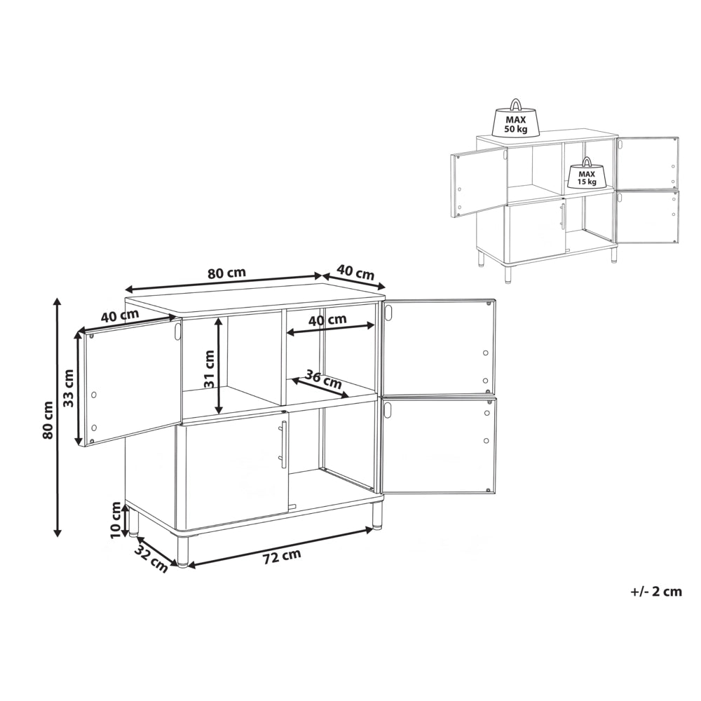 Credenza in acciaio beige a 4 ante con angoli arrotondati e maniglie dorate