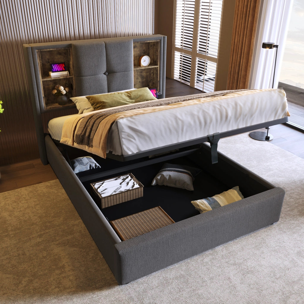 LETTO 90x200 cm Imbottito Grigio Cotone con Ricarica Wireless e USB