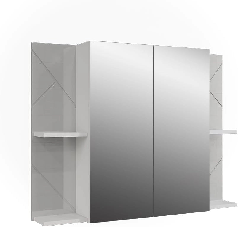 Mobile a specchio per il bagno Irma, Bianco/bianco lucido, 100 x 75 cm con 2 porte, con specchio e ripiani regolabili