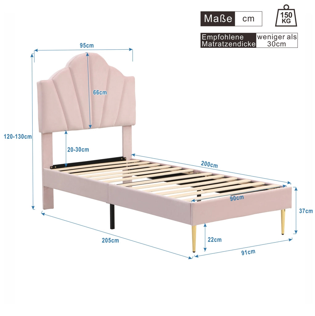 Letto imbottito in velluto rosa 90x200 cm con testiera regolabile e rete a doghe