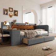Letto singolo 90×200 cm con 2 cassetti; scrivania; USB e type-c; vano ribaltabile; senza materasso; lino; grigio