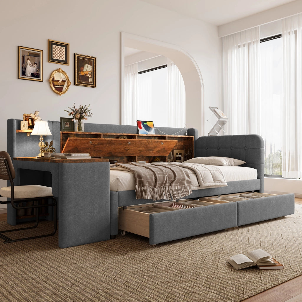 Letto singolo 90×200 cm con 2 cassetti; scrivania; USB e type-c; vano ribaltabile; senza materasso; lino; grigio