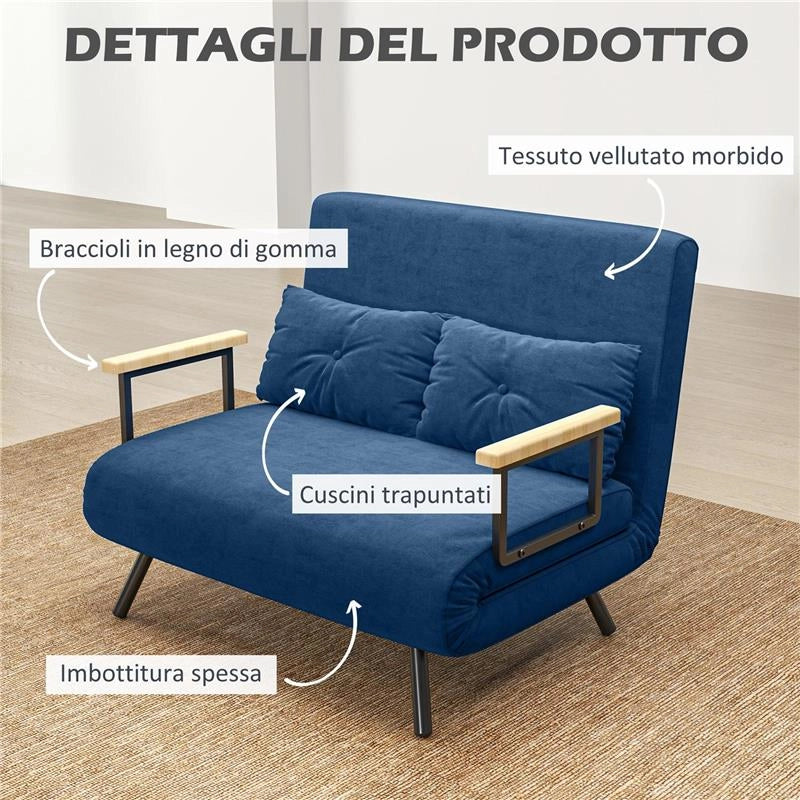 DIVANO LETTO 3 IN 1 IN TESSUTO EFFETTO VELLUTO CON SCHIENALE REGOLABILE E 2 CUSCINI 102X73X81 CM BLU