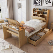 Letto singolo 90x200 cm in legno naturale con contenitore, mensola testiera, tavolo ribaltabile e cassetto reversibile