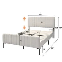 Letto Matrimoniale Moderno con Testiera Regolabile e Rete a Doghe, Imbottita in Lino, 209x165x101-107 cm, Grigio-Beige
