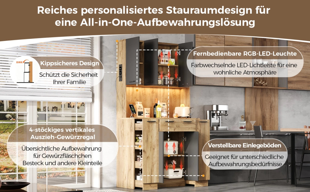 Dispensa alta con LED e presa, 4 vani aperti e ripiani regolabili per cucina, in MDF nero naturale, 100 × 40 × 180 cm