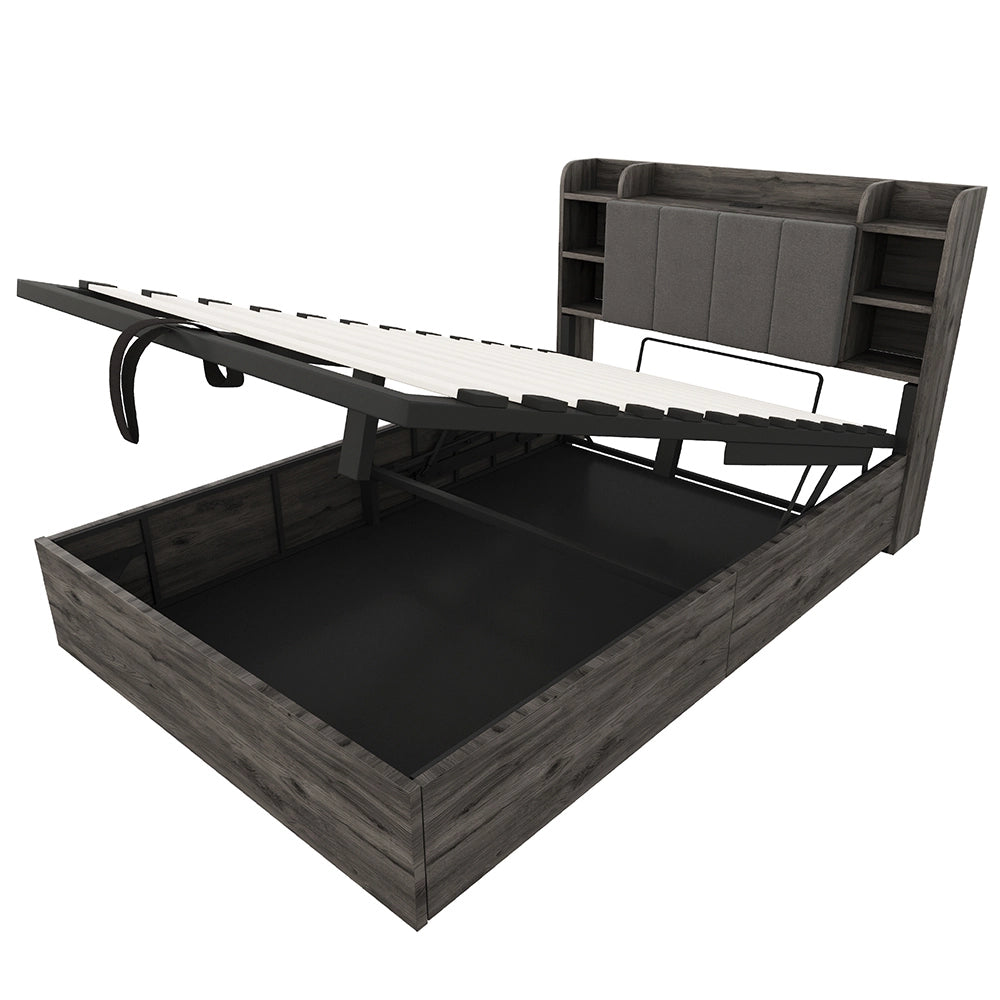 Letto-Xylo-140x200 cm-idraulico, USB-C, testiera con ripiano, grigio