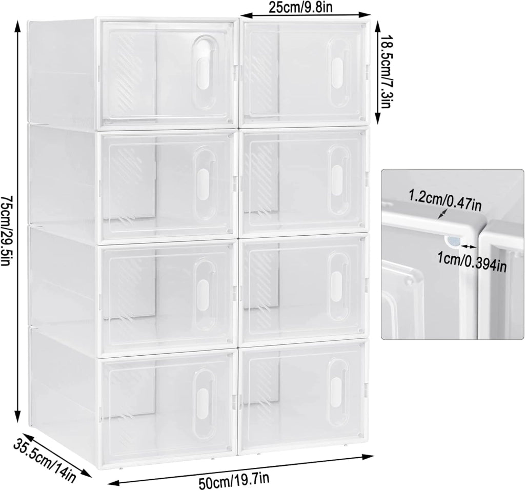 Set di 8 Scatole per Scarpe Contenitore Portascarpe Scarpiera Organizzatore Portaoggetti Impilabile Salvaspazio Coperchio Magnetico Plastica Trasparente Bianco 35x25x19cm