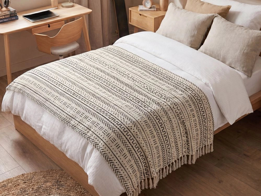 Coperta in cotone nero bianco 130 x 180 cm copriletto motivo tribale camera da letto soggiorno