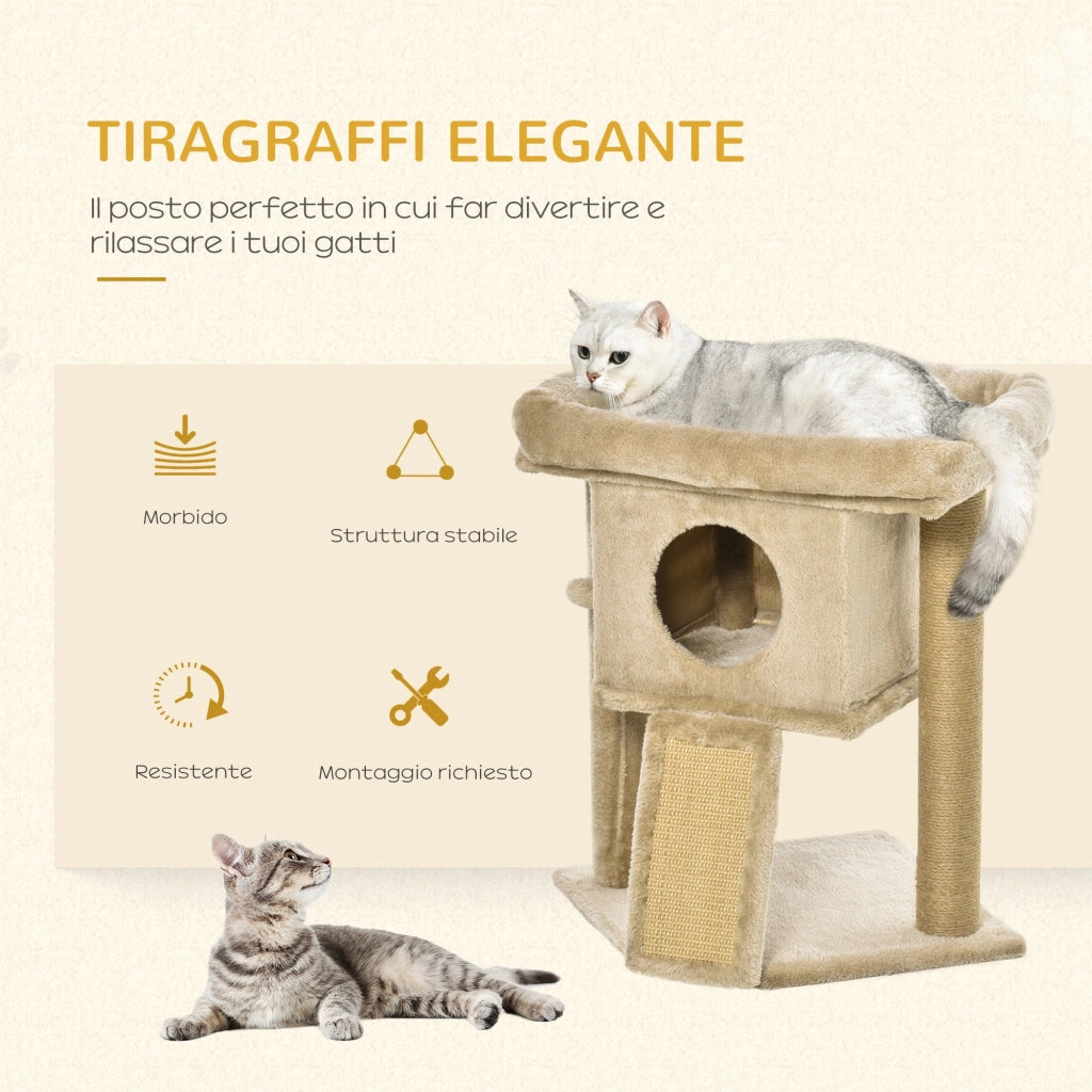 Albero Tiragraffi per Gatti con Casetta e Lettino 40x40x57 cm in Peluche e Juta Marrone