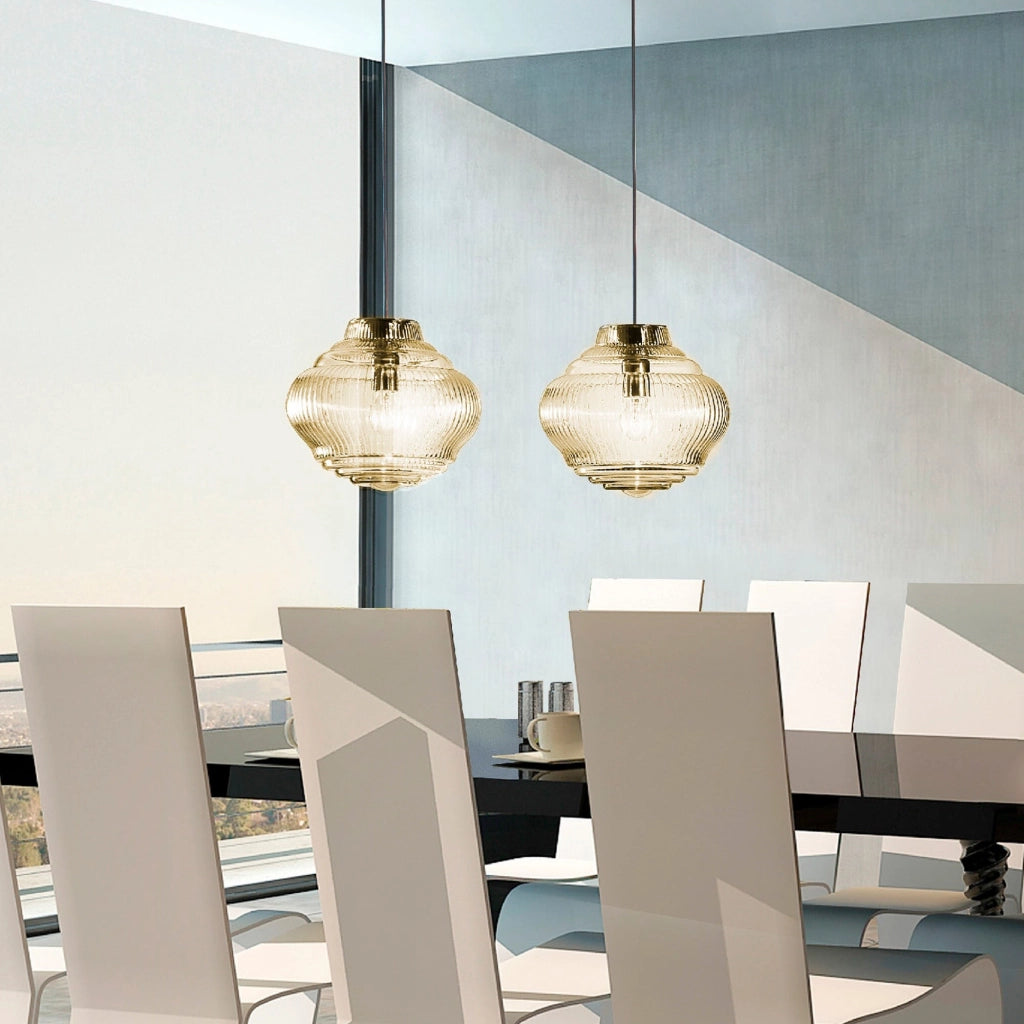Bonnie Lampada a sospensione in vetro soffiato trasparente lavorazione rigadin, struttura metallo grigio, altezza 313 cm, attacco E27, ideale indoor