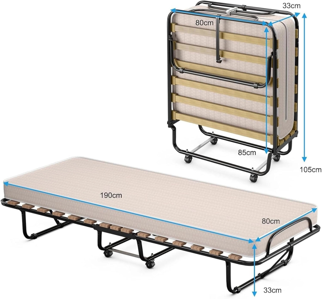 Letto Pieghevole, Singolo con 4 Ruote, 4 Gambe in Mettallo, Fibbia Fissata, 80 x 190 cm, Materasso di 10 cm, Ideale per Viaggio e di Riserva