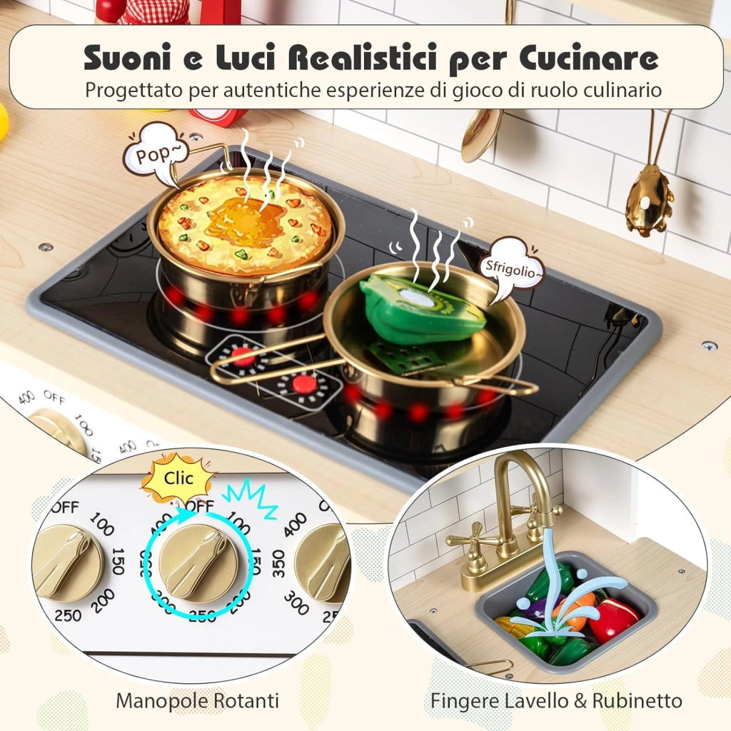 Cucina Giocattolo per Bambini, Set Cucina in Legno con Luci e Suoni Realistici, Fornelli, Lavandino, Rubinetto, Forno, Microonde e Macchina del Caffè, per Bambini 3+ Anni (Bianco)