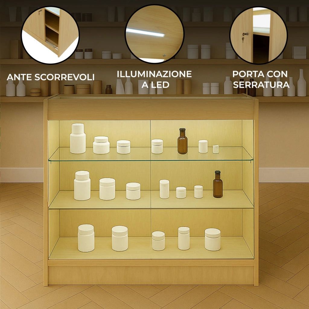 Bancone LED Acero K900 con 3 Ripiani, Vetrina e Ante Bloccabili – 2 Chiavi