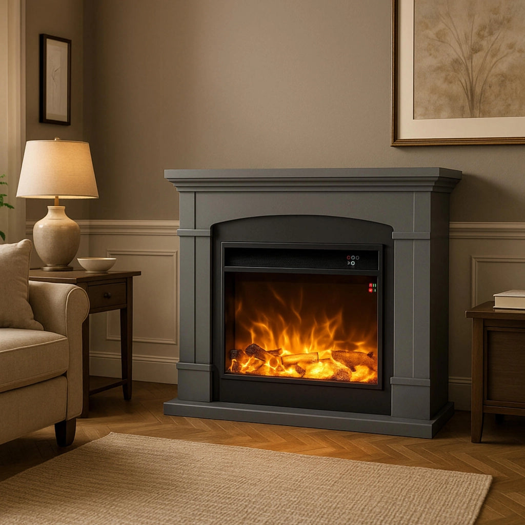 Caminetto Fuego Monica Antracita 1500w a Parete Con Cornice Telecomando e Bruciatore Grigio Scuro