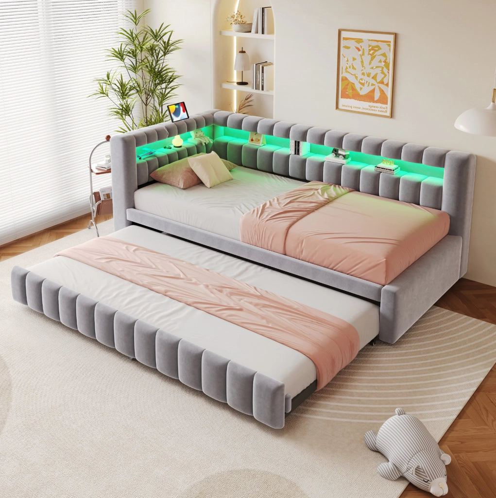 Divano letto imbottito estraibile 90x200 cm con LED; porte USB e Type-C; velluto grigio chiaro