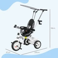 Triciclo per Bambini con Maniglione di Spinta, Tettuccio, Barra di Sicurezza e Box, 105x47x89 cm, Bianco e Nero