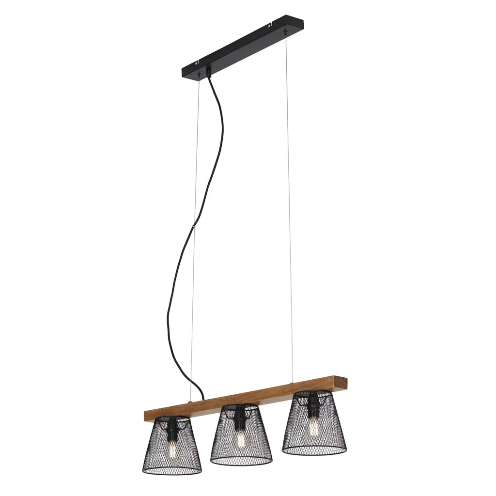 Lampadario A Sospensione Vintage Taunuds Metallo Legno Nero 3 Luci Luci E14