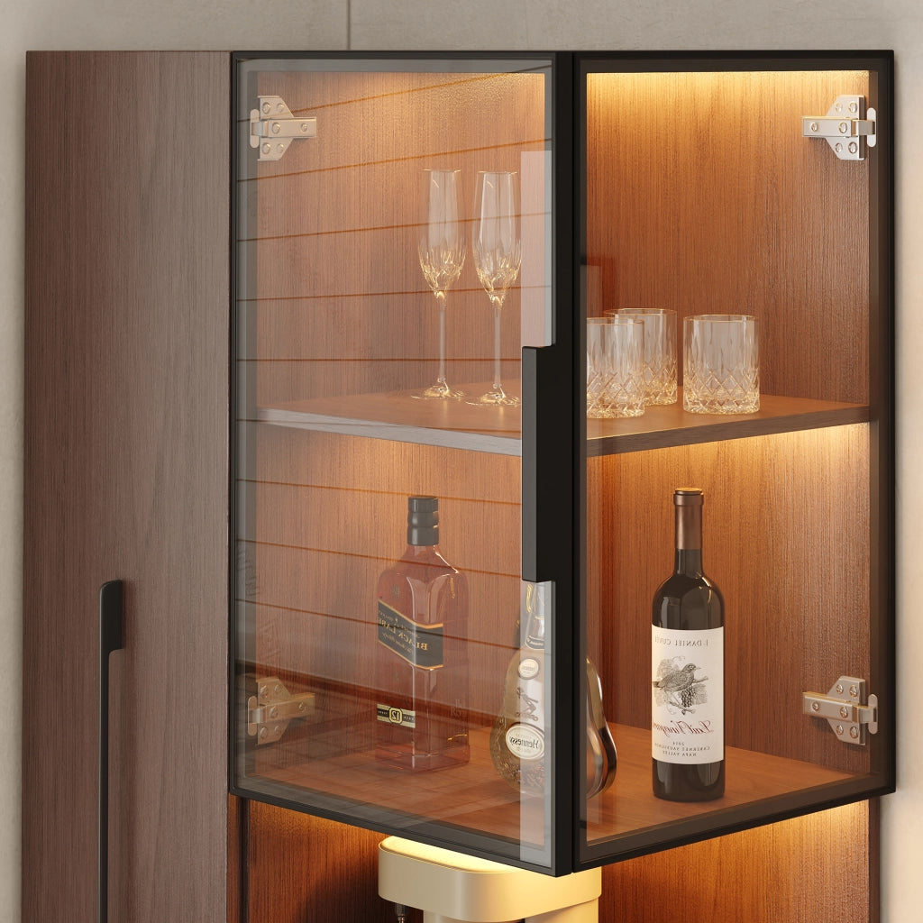 Vetrina alta in MDF e vetro 70×38×160 cm, colore noce, con ripiani estraibili e LED multicolore