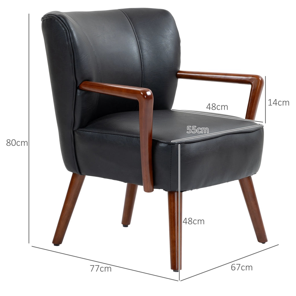 Poltroncina imbottita nera con braccioli e gambe in legno