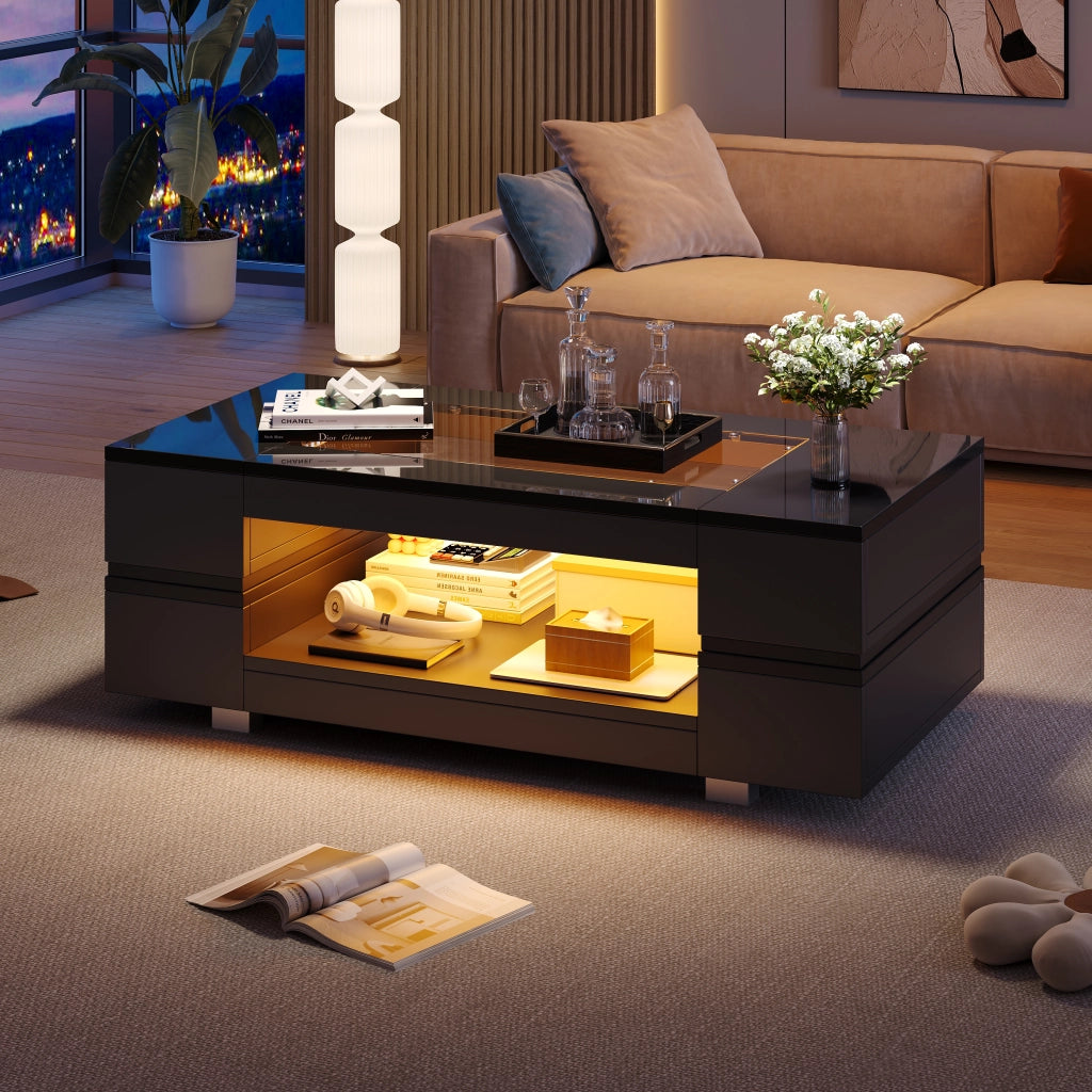 TAVOLINO DA CAFFÈ LED 100x50x35 cm Nero in truciolare e vetro temperato