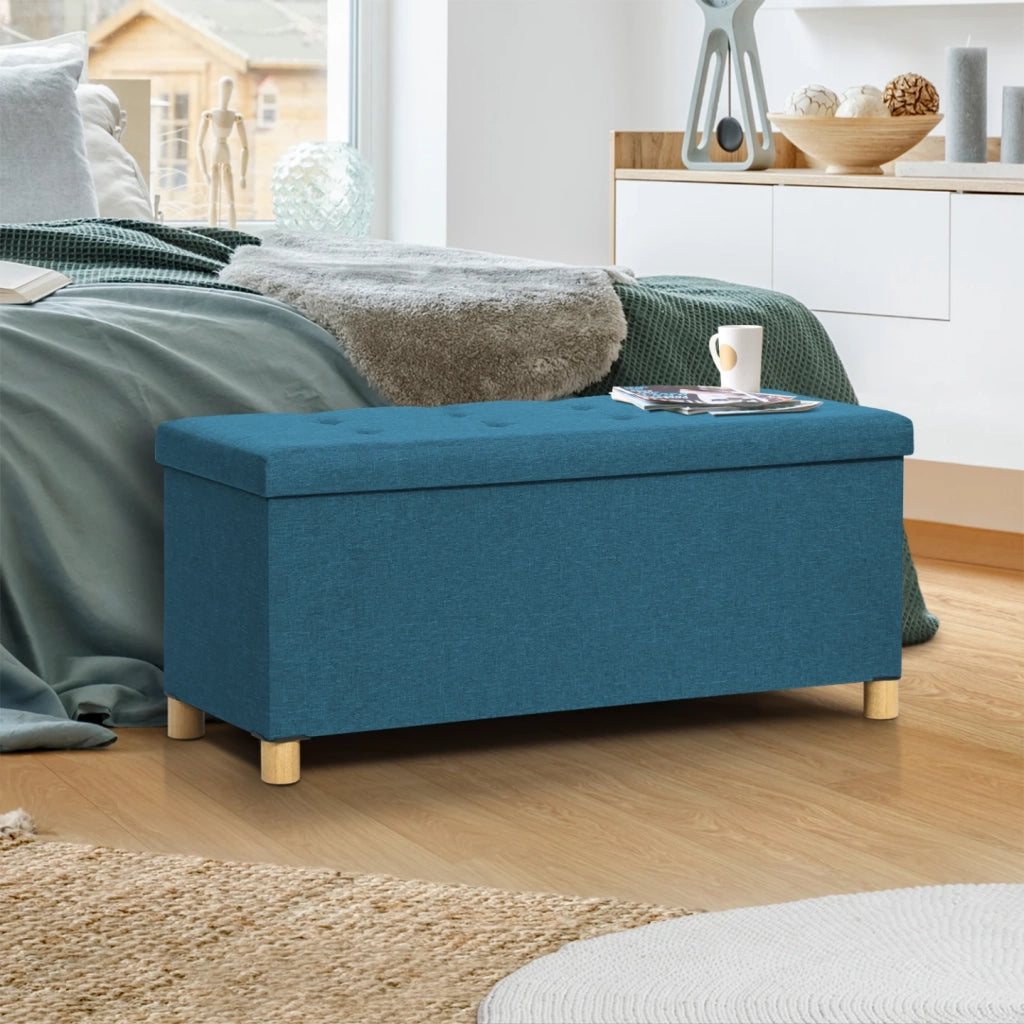 IDMarket - Panca contenitore in tessuto blu anatra 100 cm