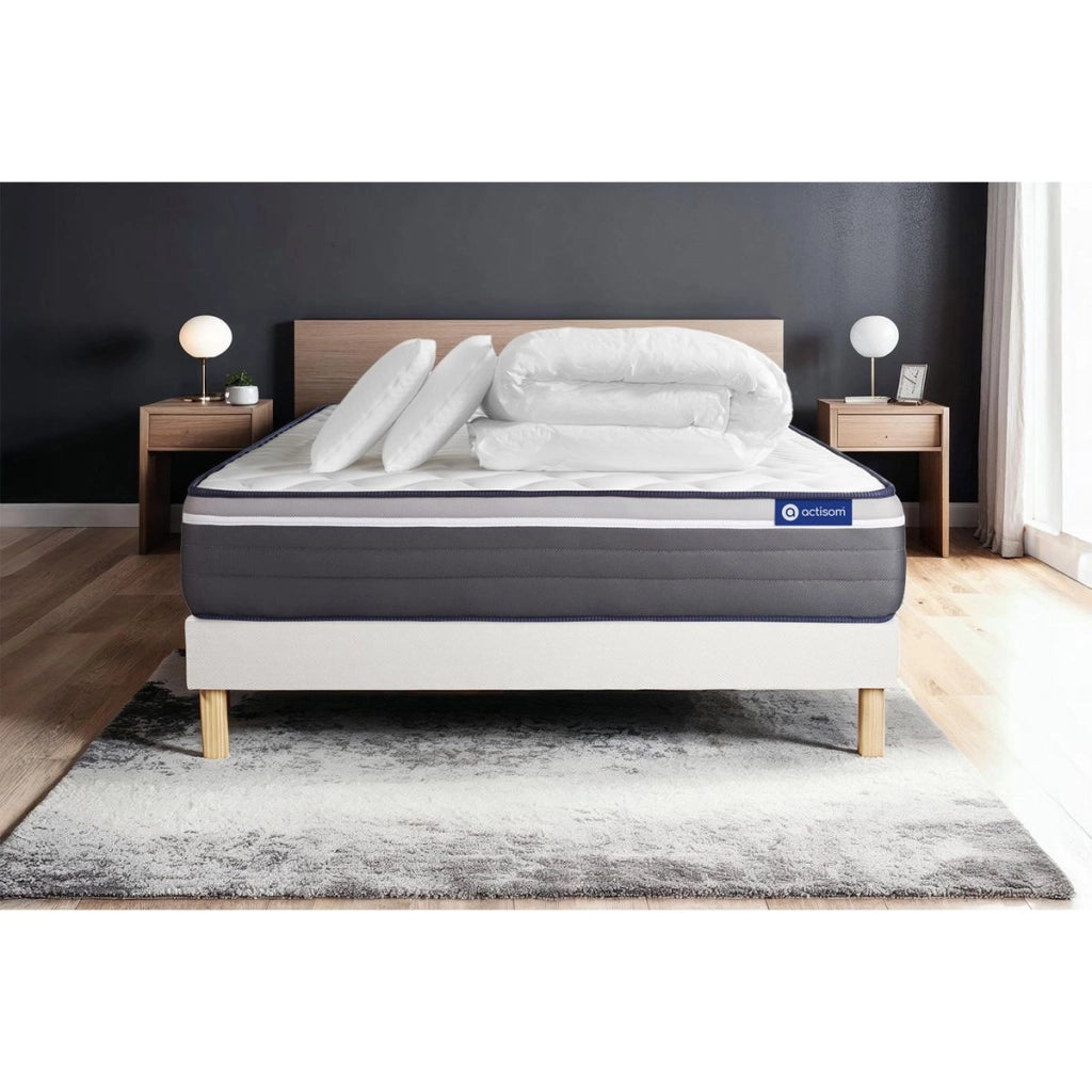 Pacchetto letto completo - Materasso 140x200cm + Box spring con doghe (in kit) + 2 cuscini + Piumino - Actiflex Plus
