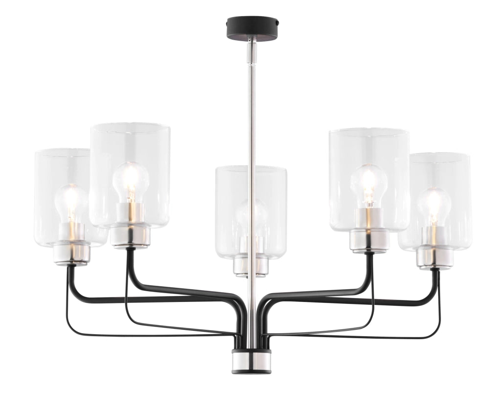 Lampadario CERES nero nichel 5xE27 vetro trasparente Jupiter