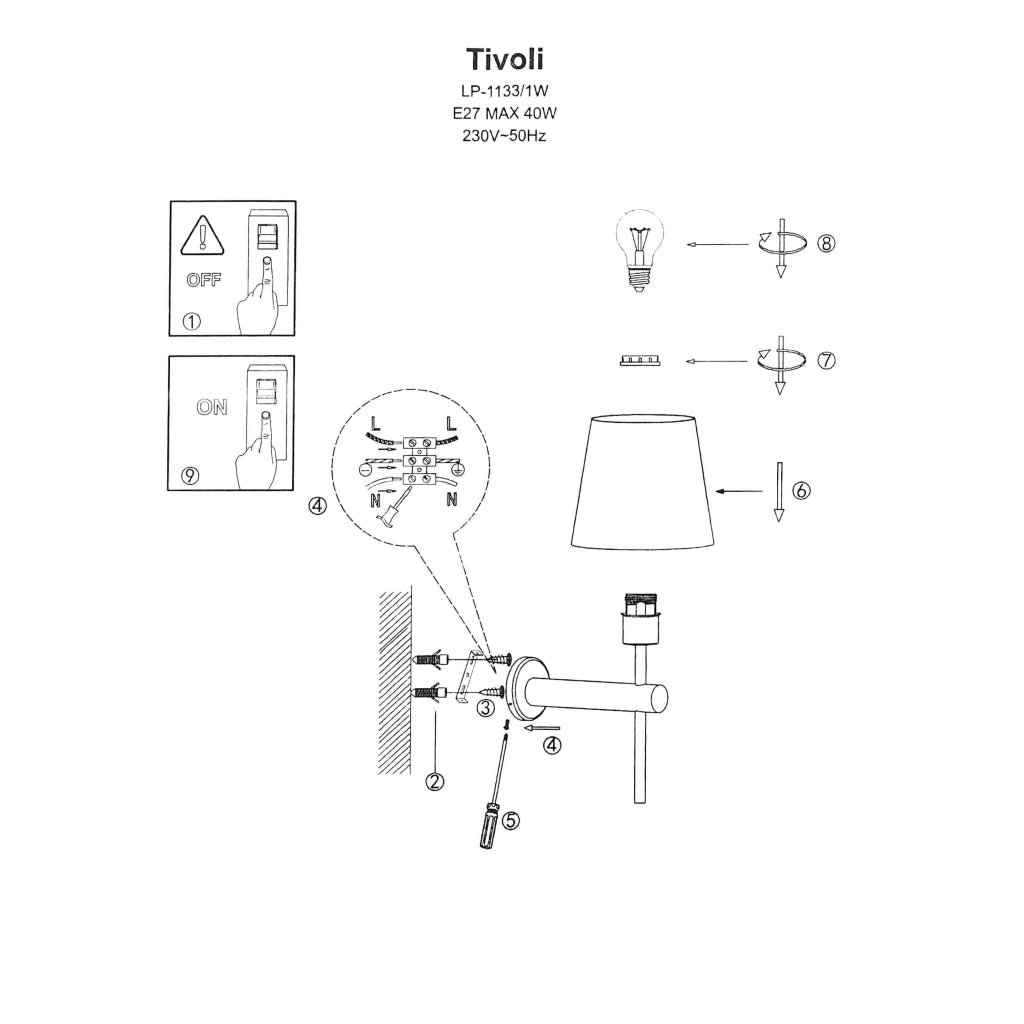 Applique Tivoli nera paralume bianco E27 40W LightPrestige