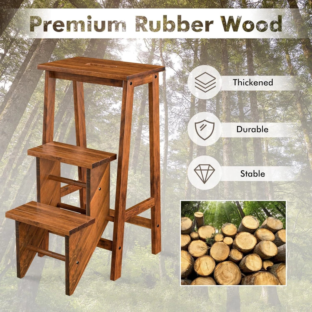 Sedia a Scala in Legno a 3 Livelli, Sgabello a Scala Multifunzionale Pieghevole, Altezza 76 cm, Portata Totale 310 kg, 2 Colori