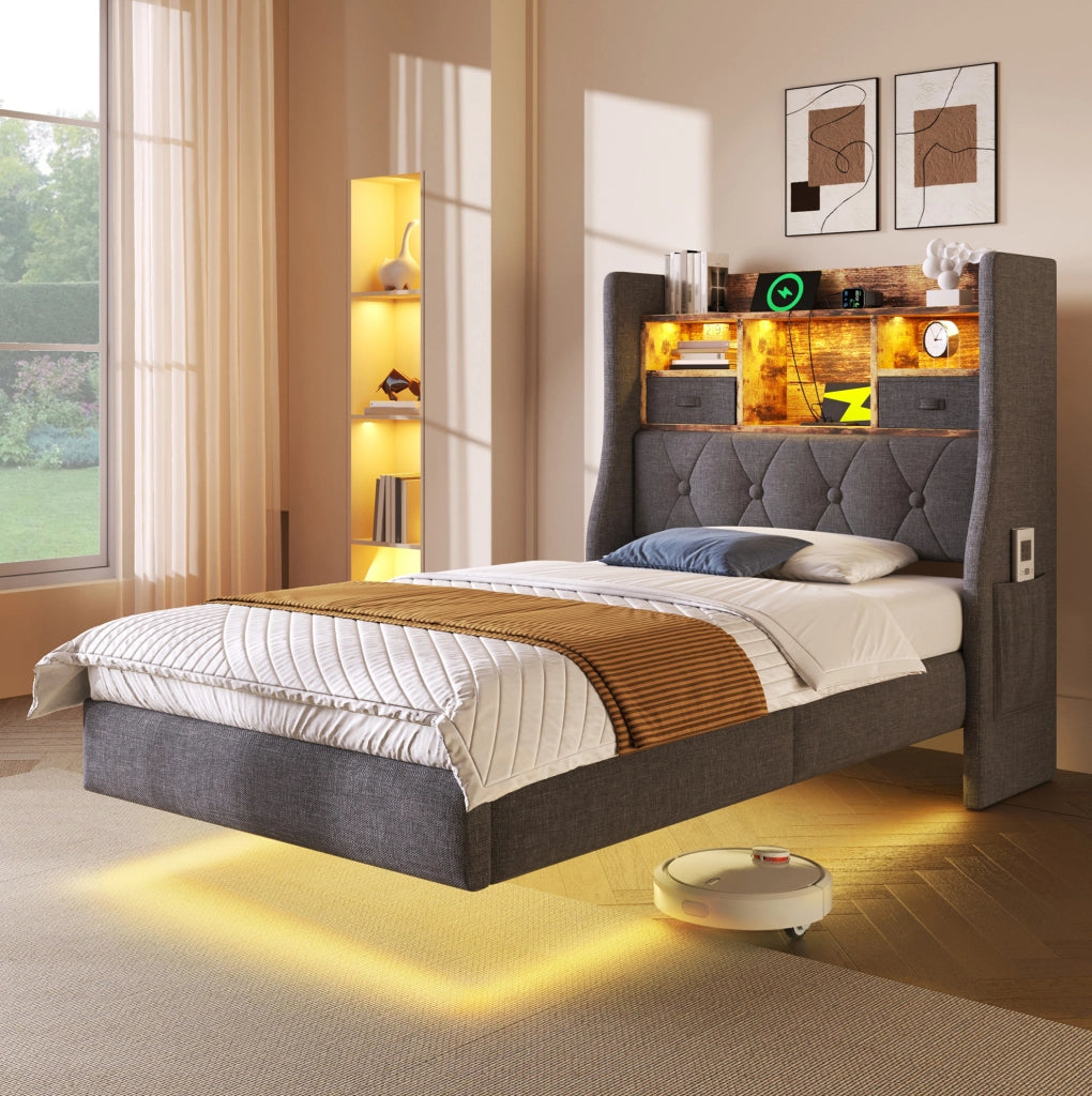 Letto singolo 90x200 cm con LED, ricarica USB-C e materasso