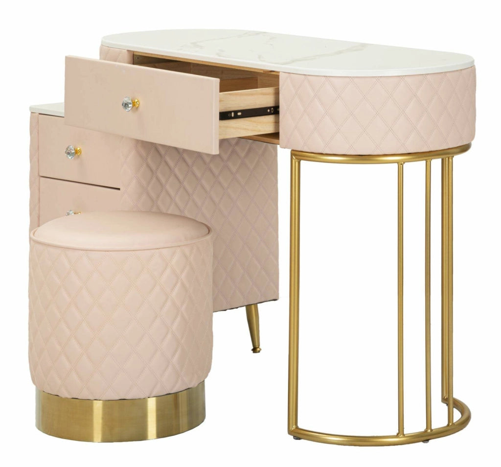 Toeletta Guidobono, Tavolo da toeletta, Postazione da trucco, Mobile consolle, 120x40 h75 cm, Rosa e Oro