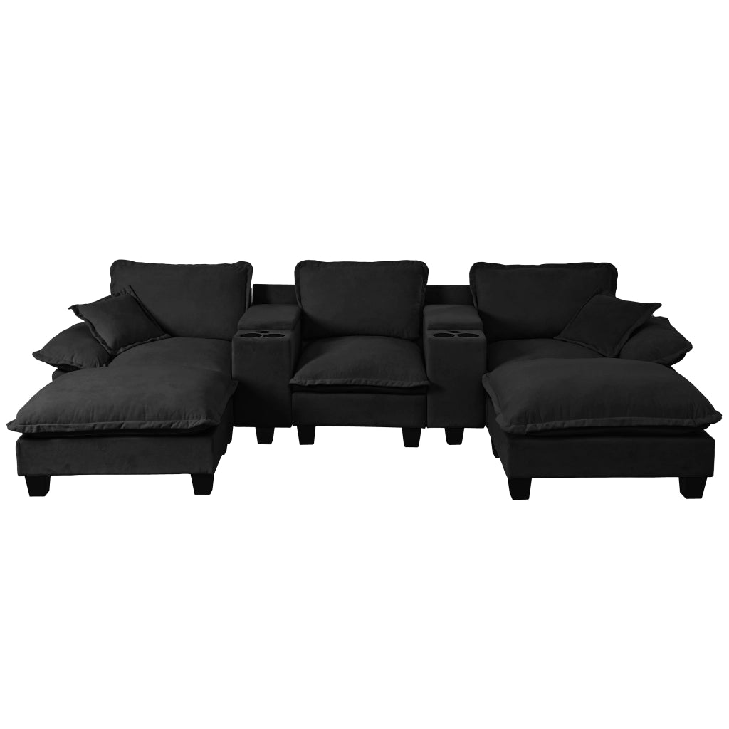 Divano panoramico a U modulare con contenitore; portabicchieri e USB in ciniglia - nero 323×151×90 cm