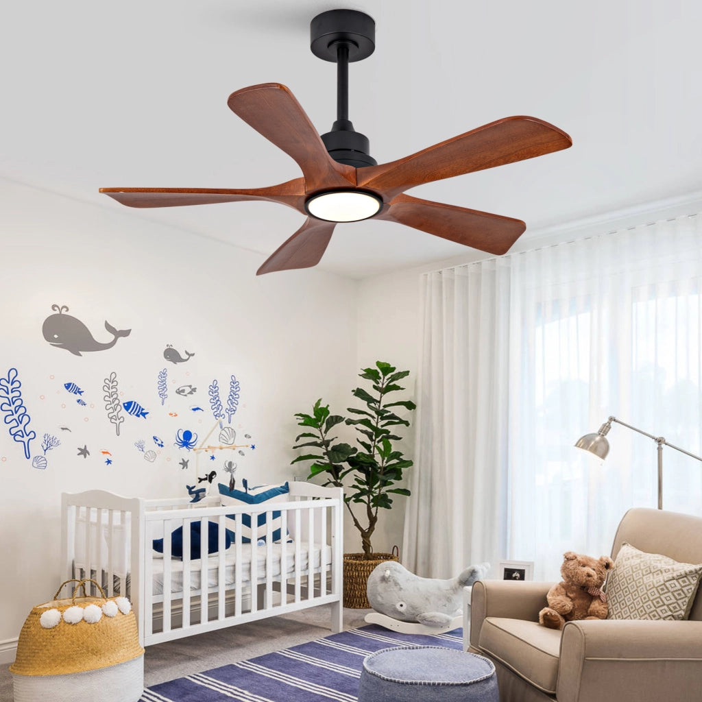 Ventilatore da soffitto 42 pollici con luce LED; 5 pale in legno; telecomando; noce e nero