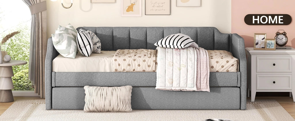 Letto giorno imbottito con letto estraibile in cotone lino grigio 90x200 cm