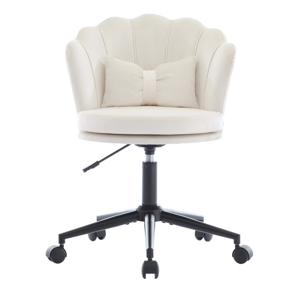 Sedia girevole regolabile in velluto beige con schienale a petalo e cuscino lombare