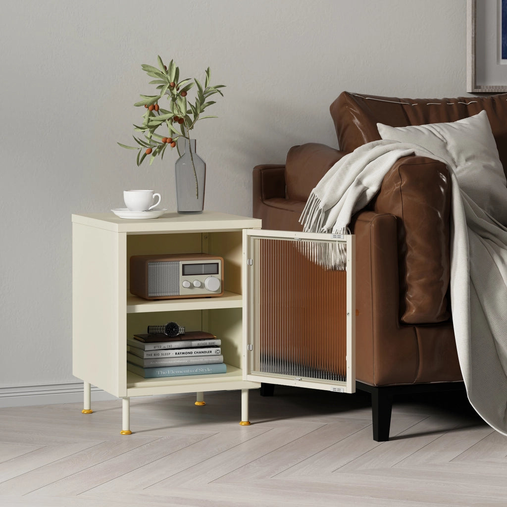 Armadietto in Acciaio Lindau con Anta in Vetro Scalanato 56x40x40 cm Bianco Crema [en.casa]
