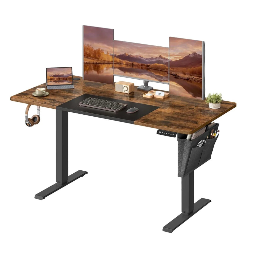 Scrivania elettrica regolabile in altezza con funzione di memoria 4 posizioni di altezza tasca portaoggetti struttura in acciaio piano spesso 140 x 60 x (72-120) cm marrone rustico e nero 12_0004553