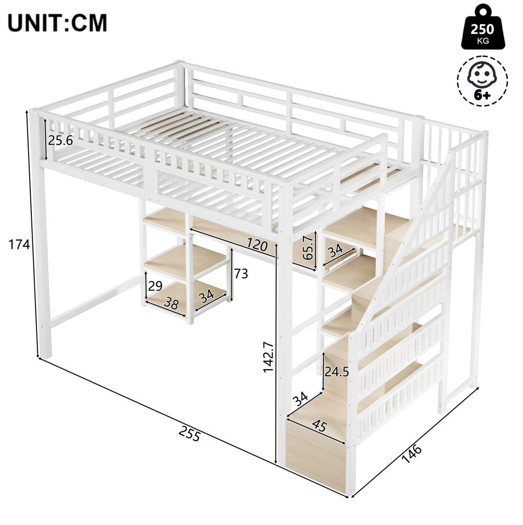 Letto a soppalco ULEVR 140x200 cm con scrivania, scala contenitore, ripiani, LED e USB, bianco