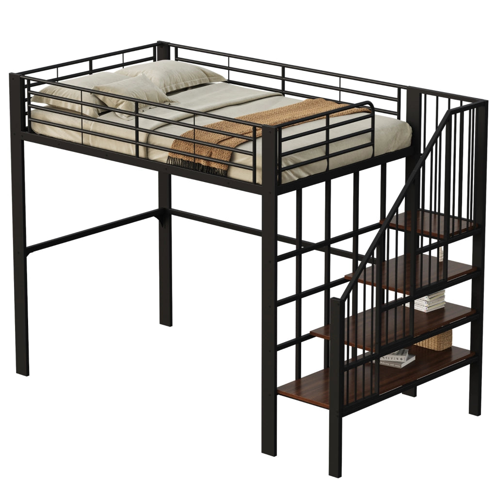 Letto a soppalco 140x200 cm con scala e spazio contenitore; metallo e legno; nero