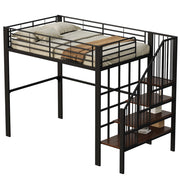Letto a soppalco 140x200 cm con scala e spazio contenitore; metallo e legno; nero