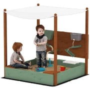 Sabbiera con Tettoia Solare per Bambini, 2 Contenitori per Conservazione, 116L x 112,5P x 128H cm, Legno di Pino, Plastica, Verde