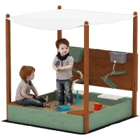 Sabbiera con Tettoia Solare per Bambini, 2 Contenitori per Conservazione, 116L x 112,5P x 128H cm, Legno di Pino, Plastica, Verde