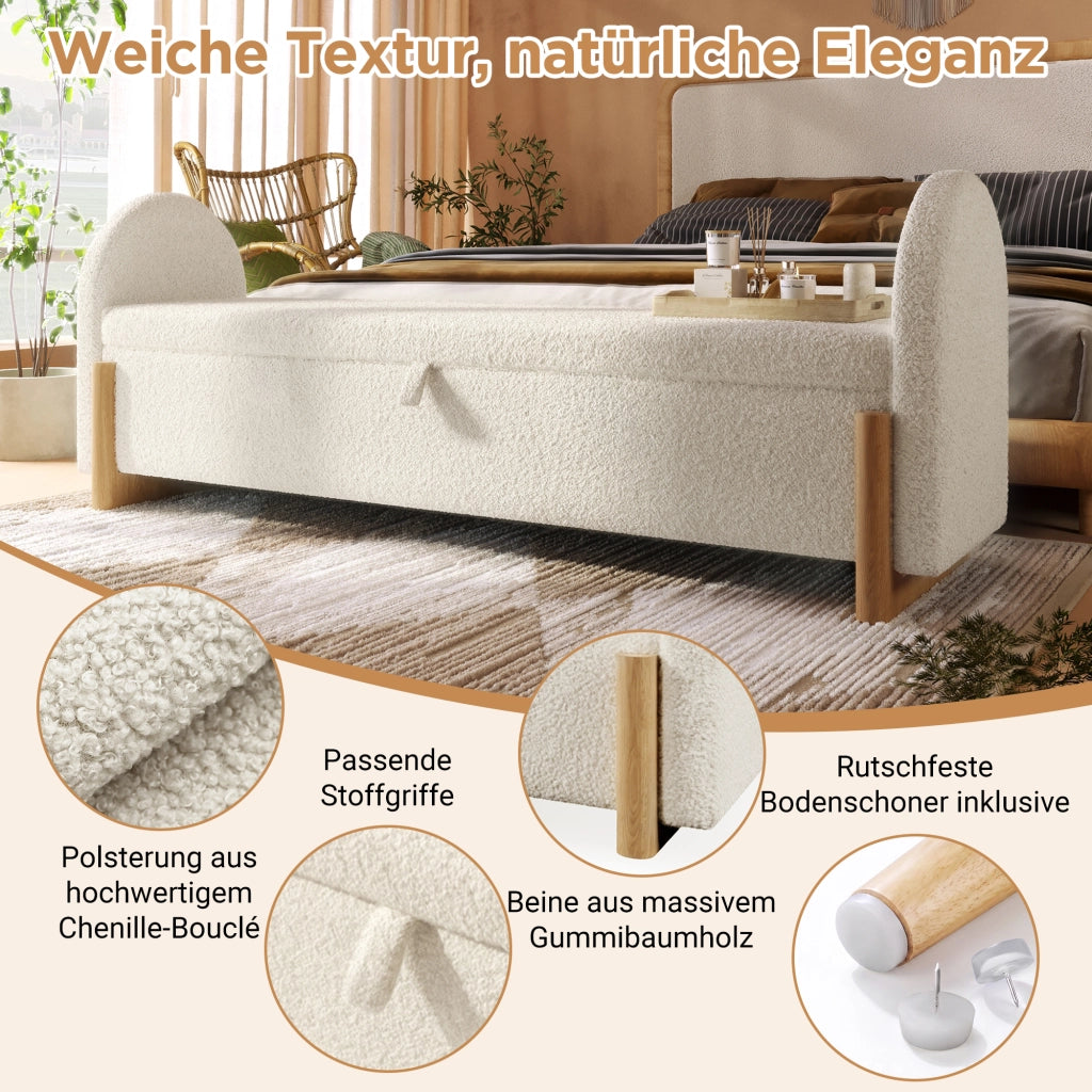Panca contenitore 186 × 47 × 61 cm con vano idraulico e soft-close, senza materasso, in chenille bouclé, bianco