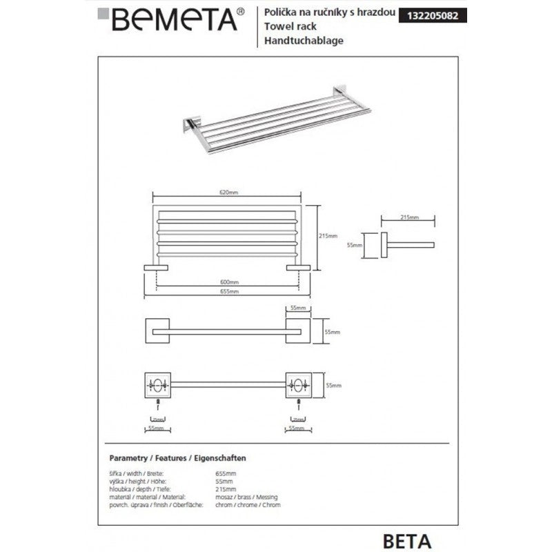 Mensola, portasciugamani in ottone cromato 65,5cmx 21,5cmx55cm