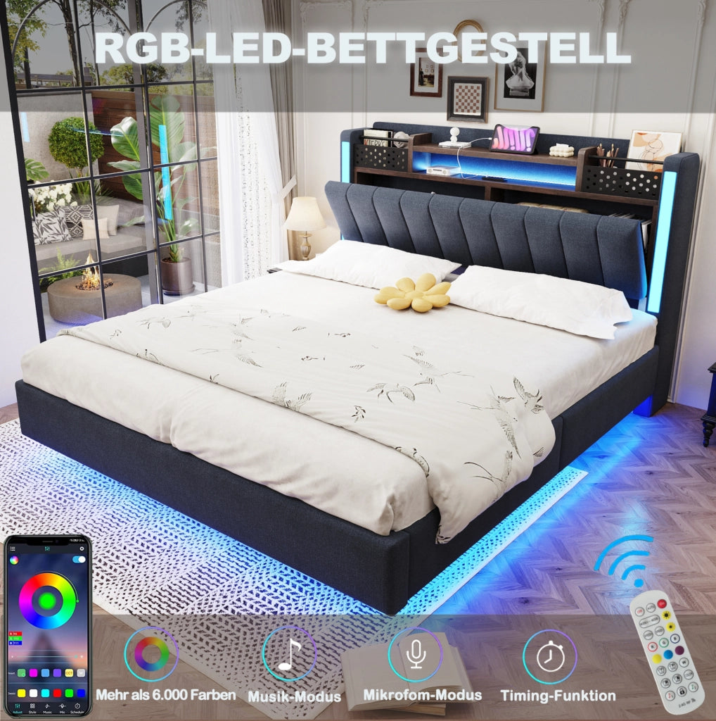 Letto imbottito 140x200 cm con LED; USB e vano contenitore nella testiera; lino grigio