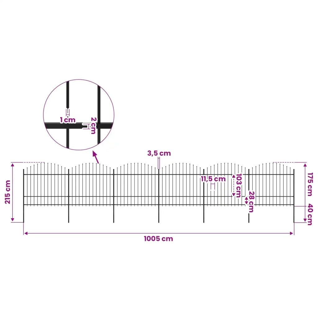 Recinzione da Giardino con Punta a Lancia in Acciaio 1005x175 cm Nero 277744