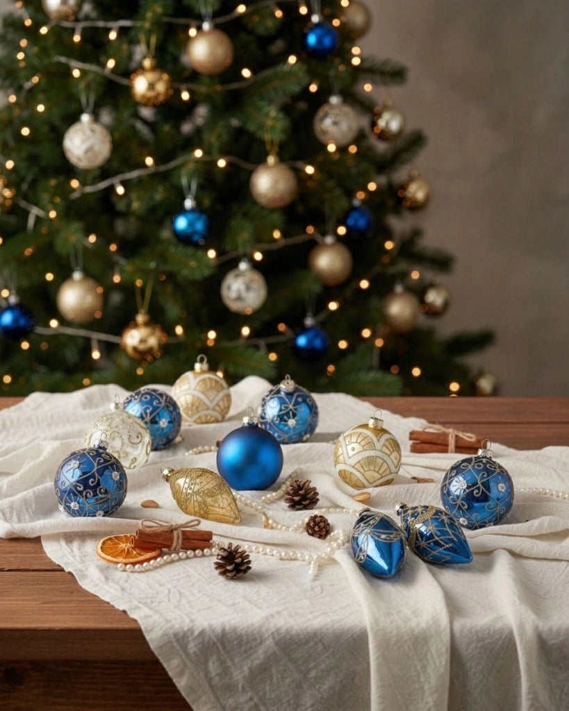 Set di 35 palline di Natale in vetro blu e oro da appendere all'albero di Natale in stile tradizionale Palline di Natale Albero di Natale